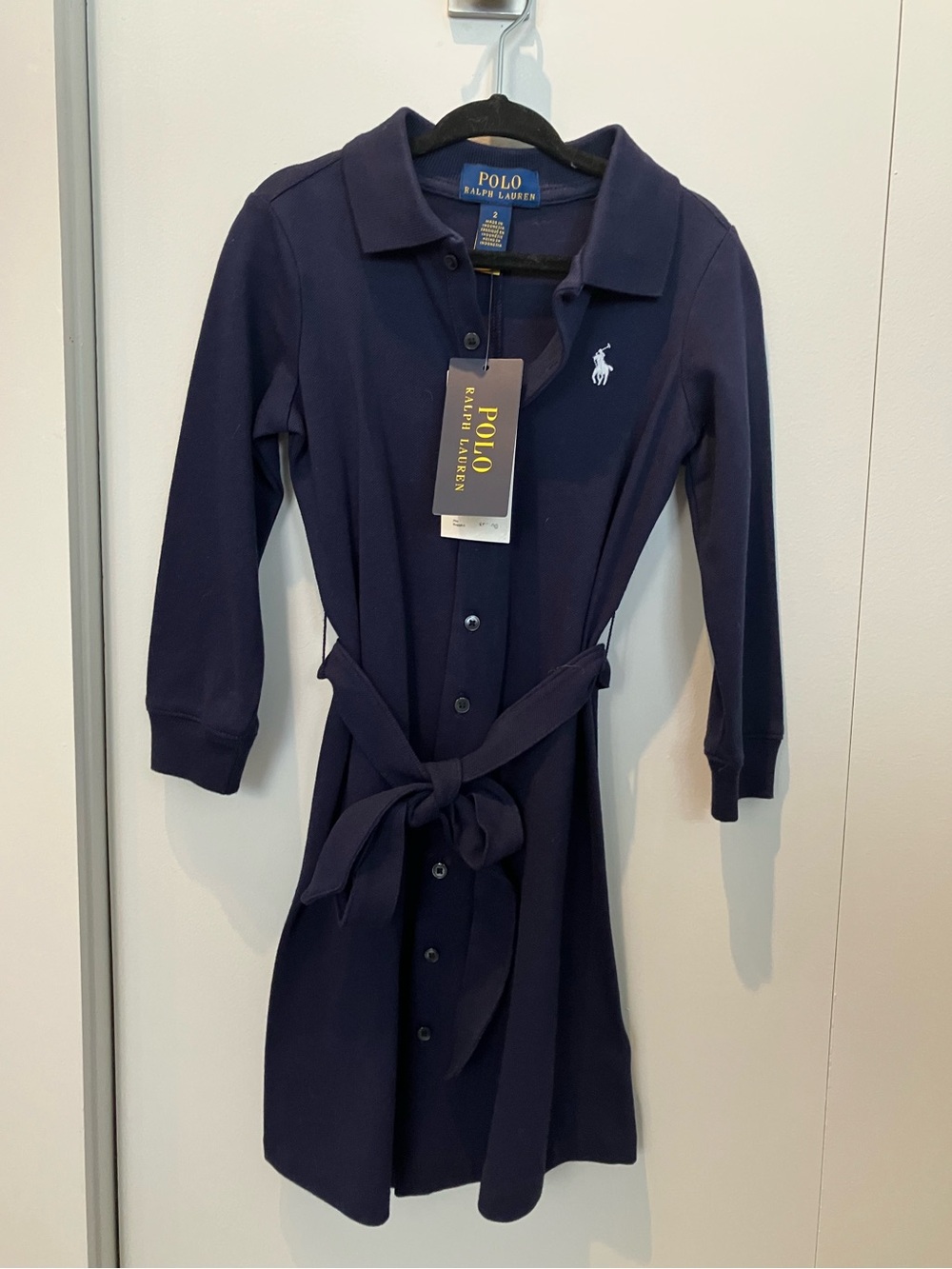 NWT •Ralph Lauren 2T Navy Long-Sleeve Polo Dress with Tie Waist
